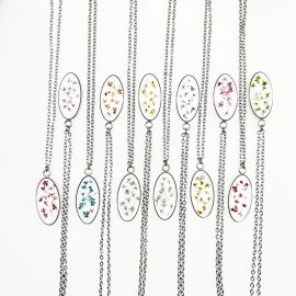 Oval Resin Real Flower Pendant Stainless Steel Chain Necklace