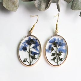 Oval shape blue forget me not gold earrings