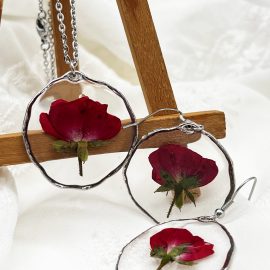 Unique Gift Dried Pressed Rose Necklace Earring Set