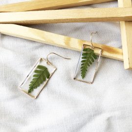 Rectangle gold color green fern leaf earrings