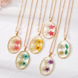 Gold plated oval shape cute charm resin flower necklaces