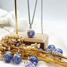 Glass bead forget me not resin silver necklaces