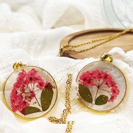 Plum blossom real pressed flower resin gold color necklaces