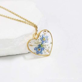 Glitter handmade resin forget me not flower gold plated necklaces