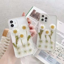 Real pressed white daisy flower resin soft phone case