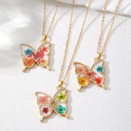 Butterfly gold plated Japanese style flower resin necklace