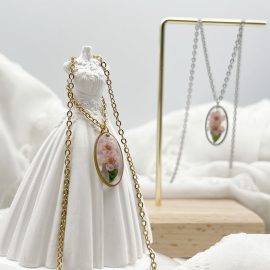 Custom pink real flower resin epoxy clear 18k women necklace