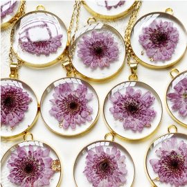 Clear resin epoxy purple real flower women necklaces