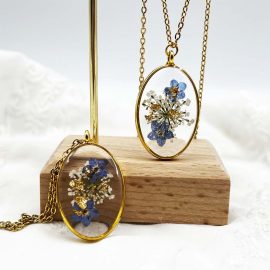 18k gold plated forget me not resin oval shape necklaces