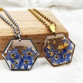 Hexazon shape stainless steel dry flower resin handmade necklaces