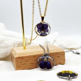 Different color real dry pansy stainless steel resin pandant necklaces